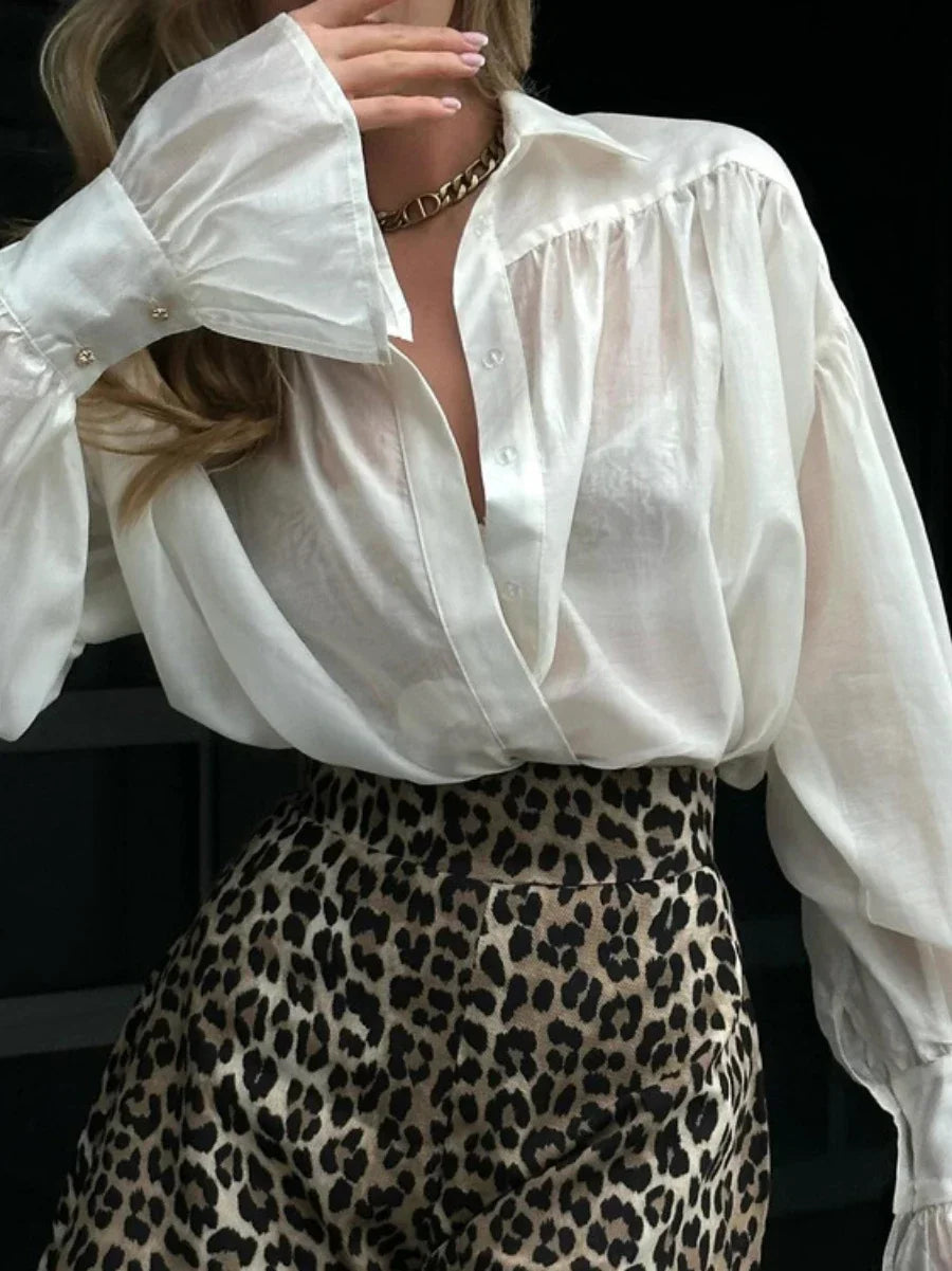 Women's Loose Fit Collared Shirt with Flared Sleeves
