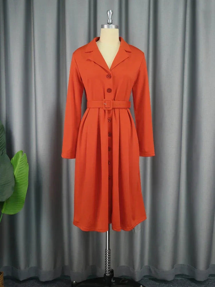 Women's Long Sleeve Belted Midi Dress with Notched Lapel