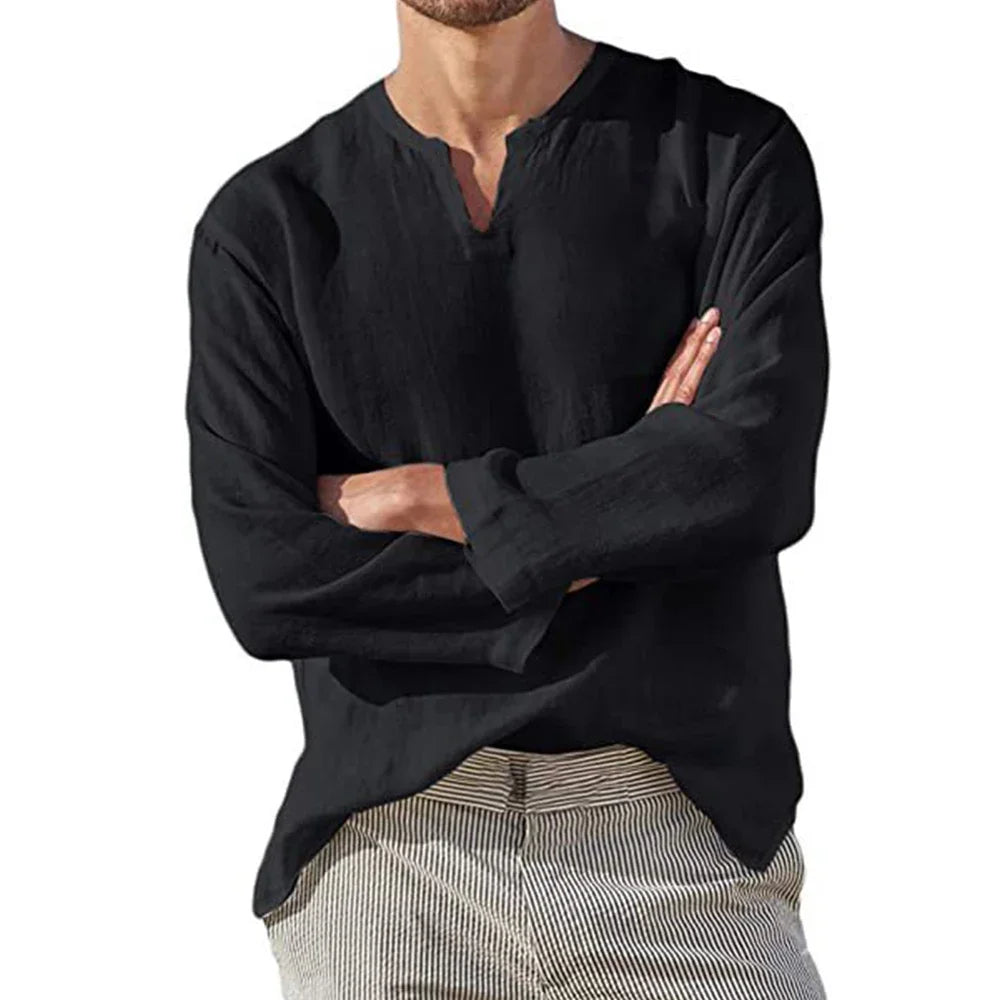 Men's Long Sleeve Linen V-Neck Shirt