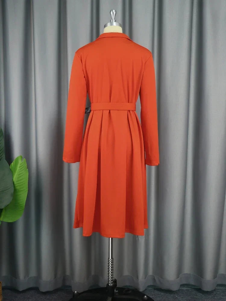 Women's Long Sleeve Belted Midi Dress with Notched Lapel