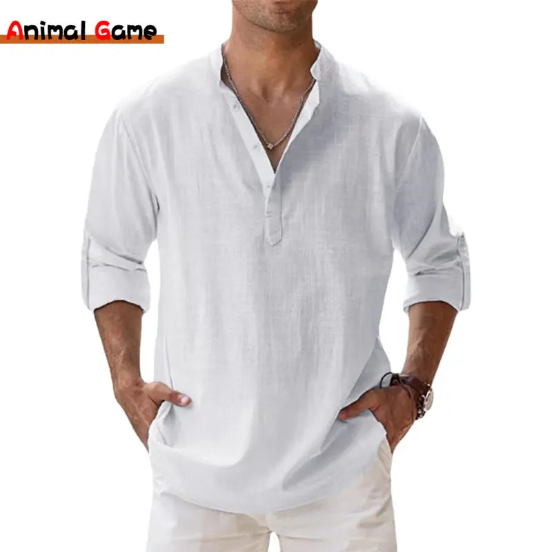 Men's Long Sleeve Linen Henley Shirt