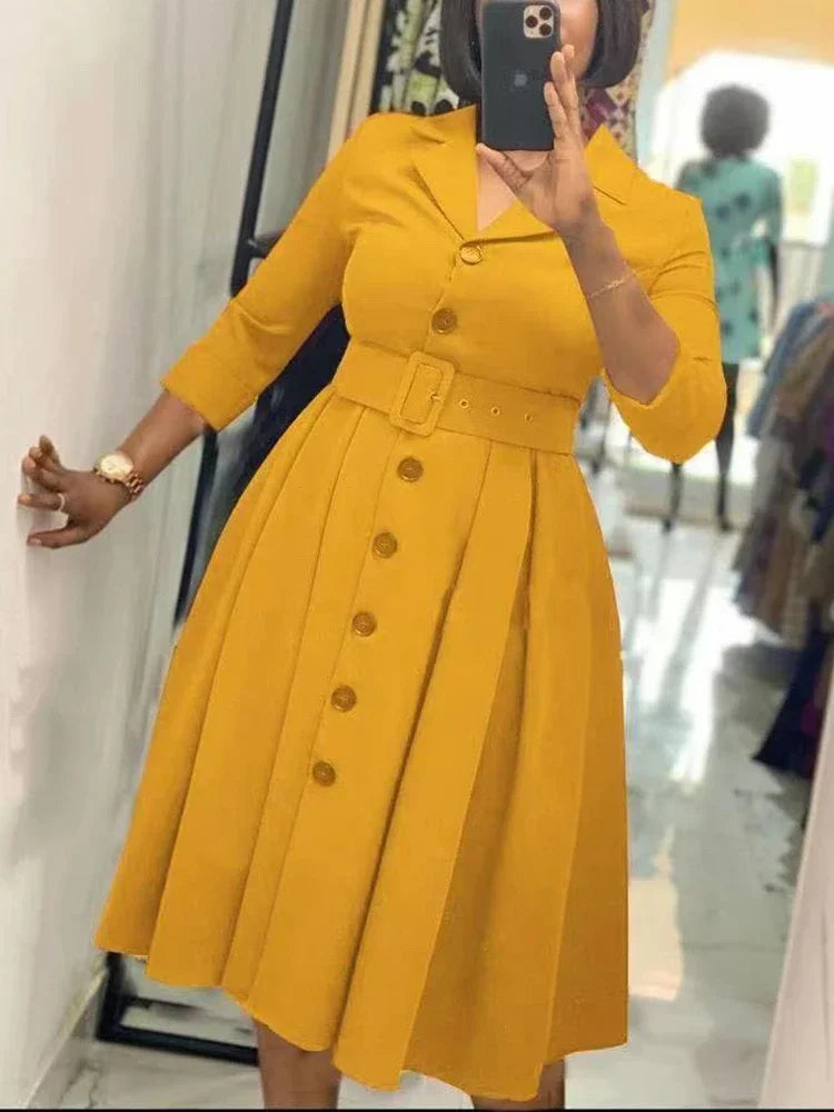 Women's Long Sleeve Belted Midi Dress with Notched Lapel