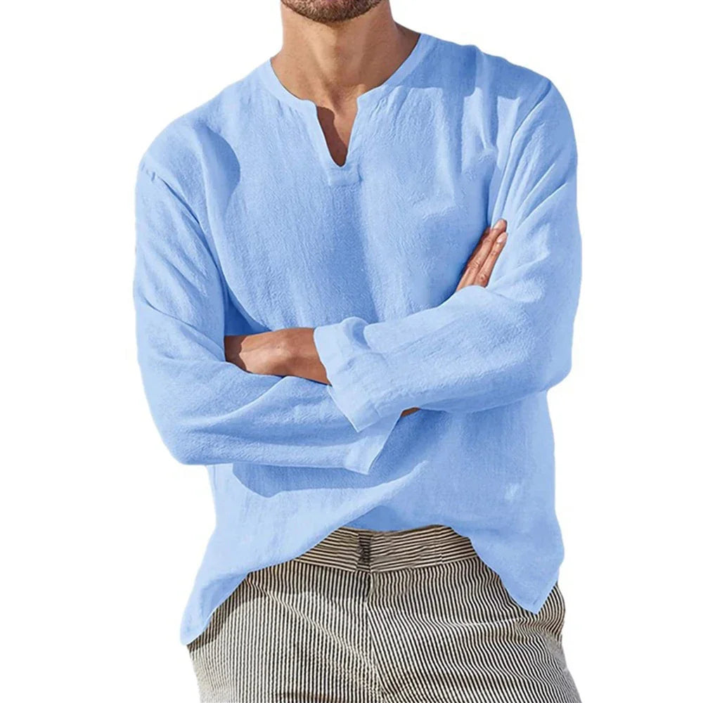 Men's Long Sleeve Linen V-Neck Shirt