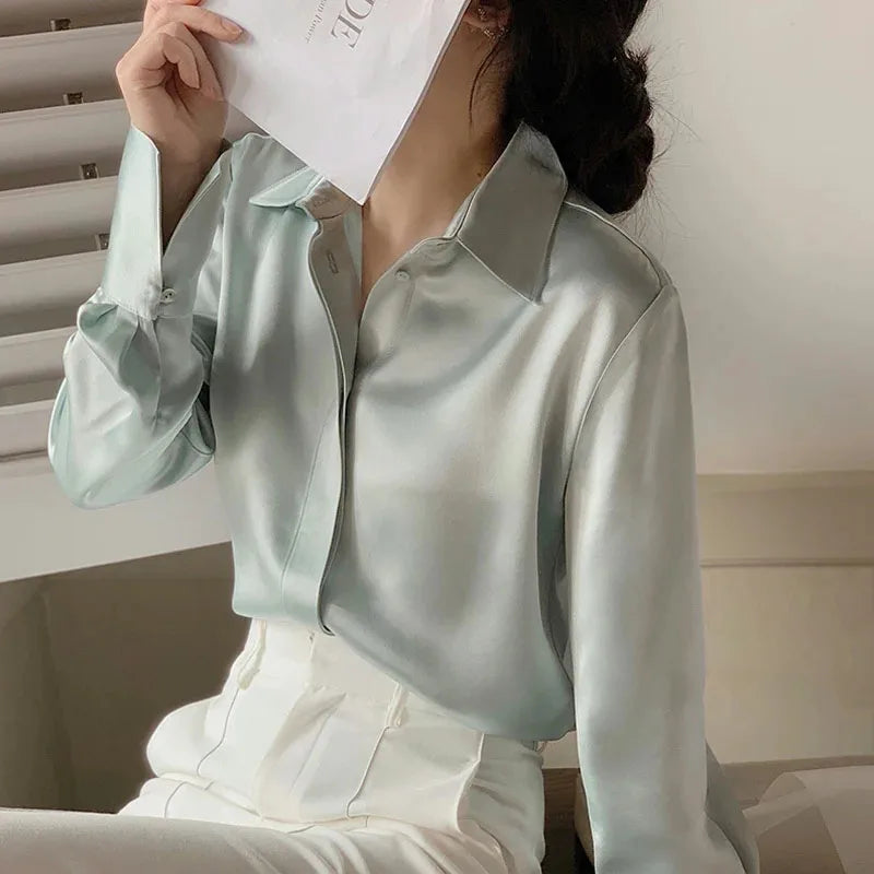Women's Satin Long Sleeve Button Blouse