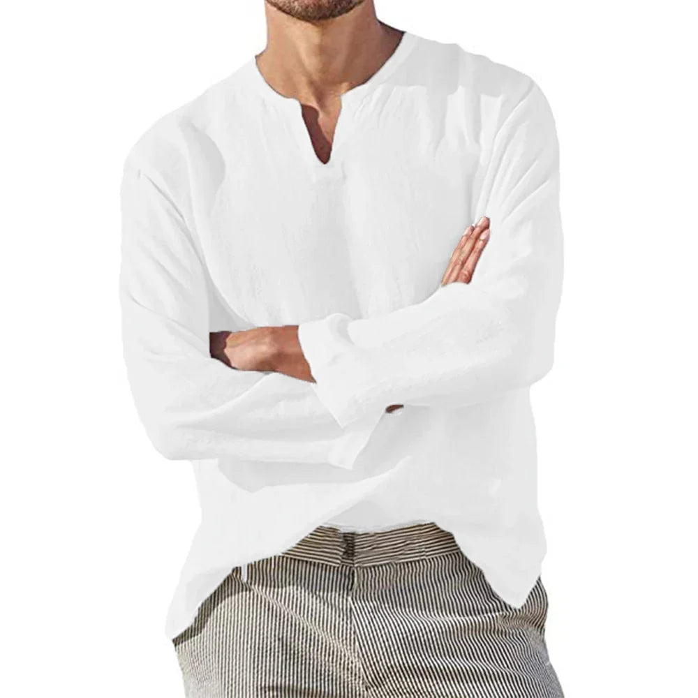 Men's Long Sleeve Linen V-Neck Shirt