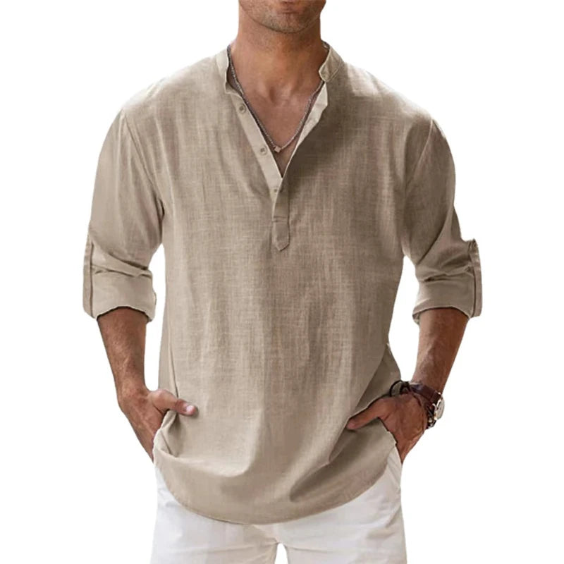 Men's Long Sleeve Linen Henley Shirt