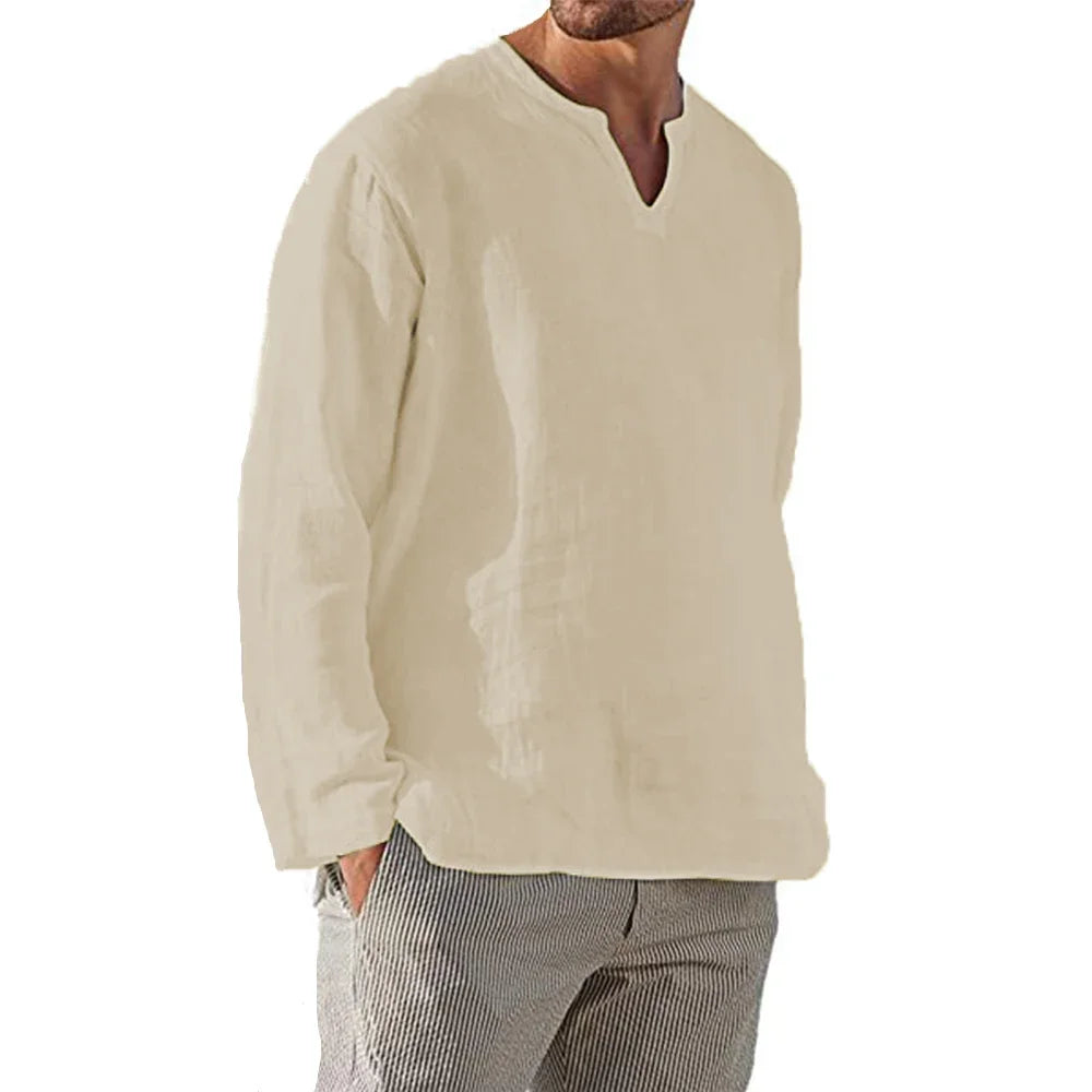 Men's Long Sleeve Linen V-Neck Shirt