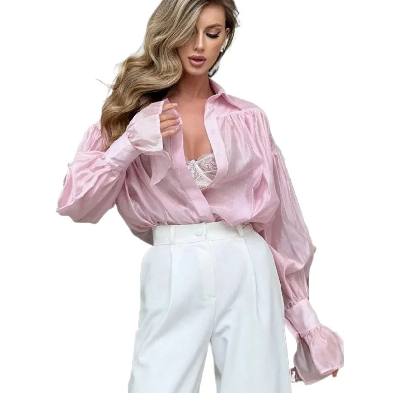 Women's Loose Fit Collared Shirt with Flared Sleeves