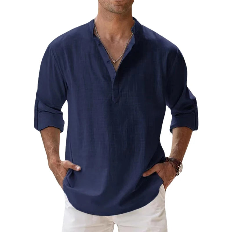 Men's Long Sleeve Linen Henley Shirt