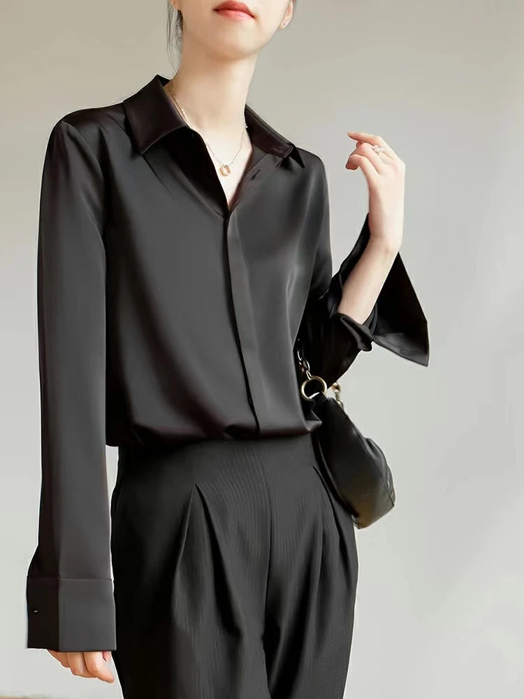 Women's Satin Long Sleeve Button Blouse