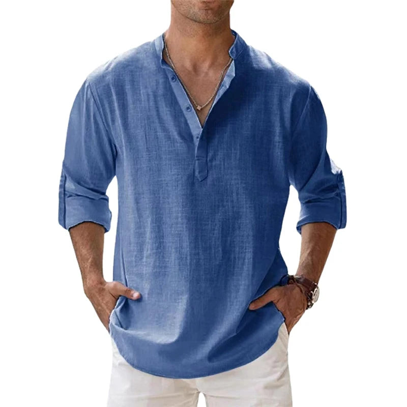 Men's Long Sleeve Linen Henley Shirt