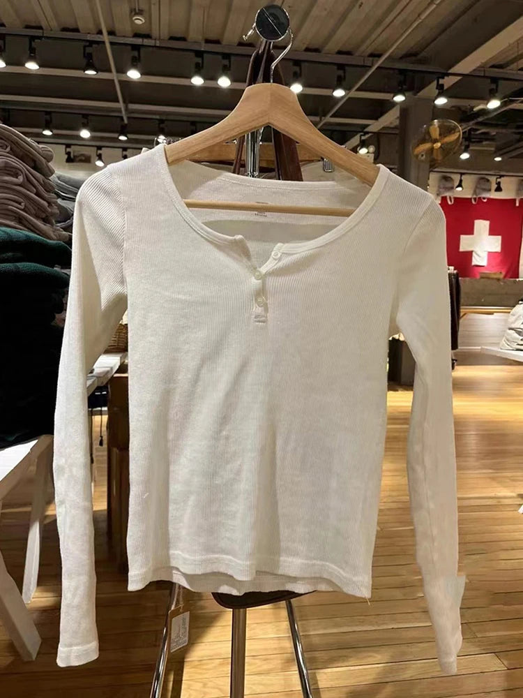 Women's Ribbed Long Sleeve Button Detail Top