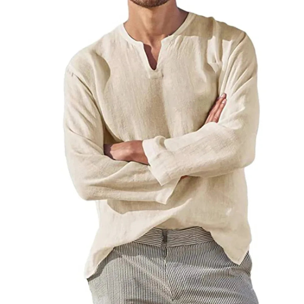 Men's Long Sleeve Linen V-Neck Shirt