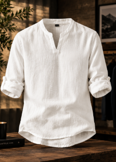 Men's cotton linen V-neck long sleeve shirt by Arthur Hale